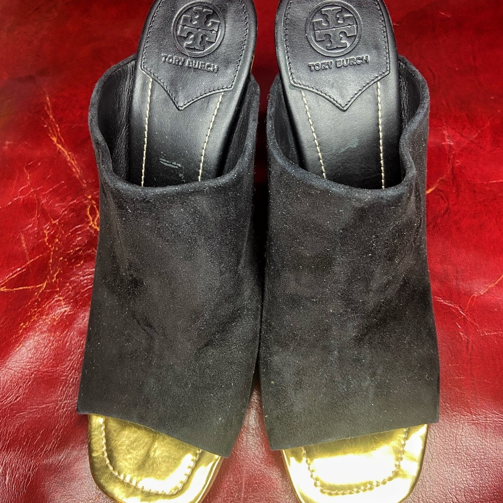 Gold and Black Suede Leather Tori Burch Mule Heels Size 9.5 - Picture 4 of 4